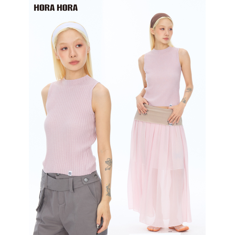 Horahora Gentle Cherry Blossom Pink Ribbed Narrow-Necked Slim-Fit Sleeveless Vest Thin Knit Top