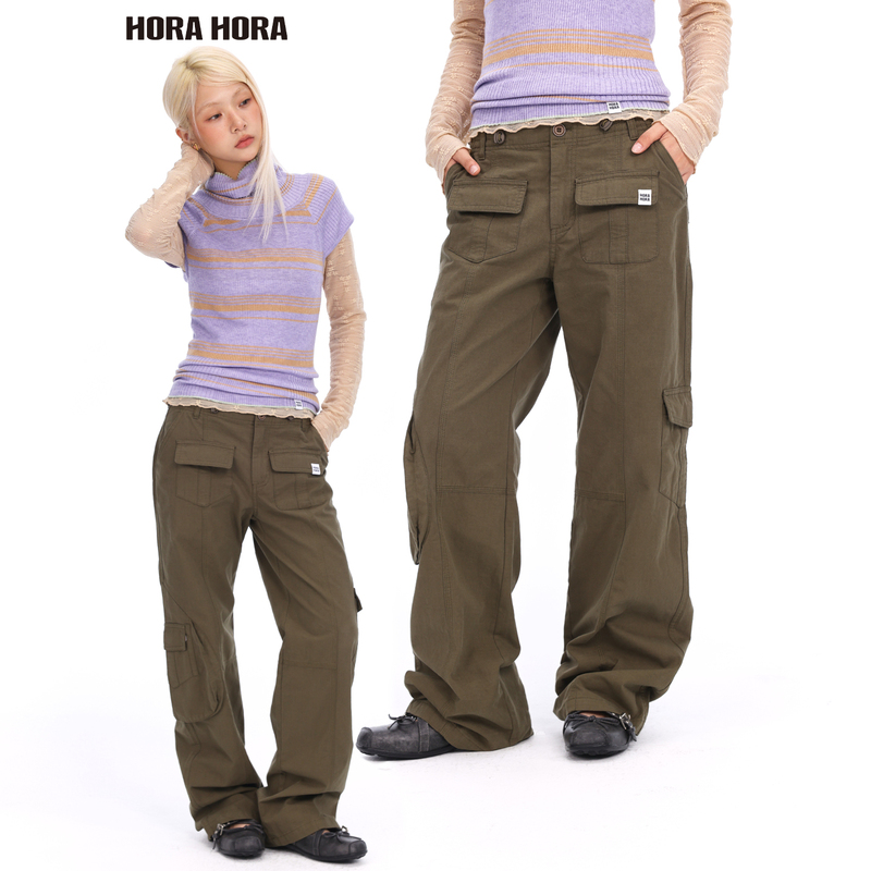 Yao Xiaotang's Same Style Horahora 100% Cotton Vintage Army Green Mid-Waist Drawstring Multi-Pocket Straight-Leg Cargo Pants