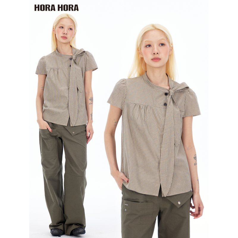 Horahora Retro Girl Khaki Plaid Scarf Collar Bow Tie Puff Sleeve Asymmetrical Short-Sleeved Shirt Horahora Retro Girl Khaki Plaid Scarf Collar Bow Tie Puff Sleeve Asymmetrical Short-Sleeved Shirt