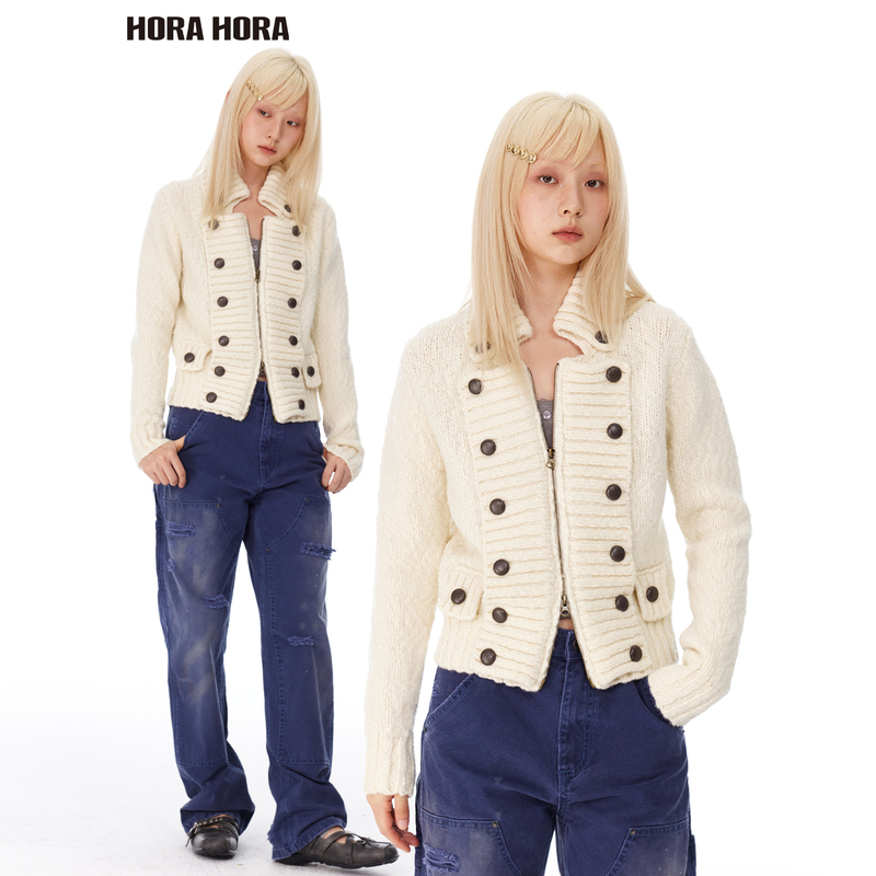Horahora Retro Napoleonic Military Style Double-Row Metal Buckle Thick-Knit Stand-Collar Zip-Up Sweater Knit Jacket