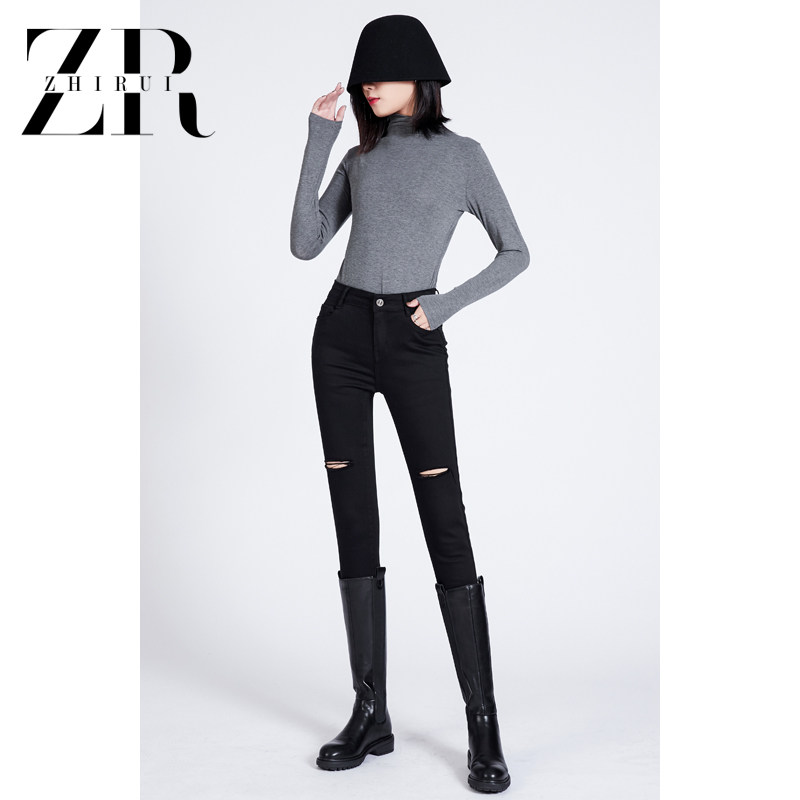 High waist dash Hole Jeans Small Leggings Woman 2022 Spring Summer Black 90% Pants Stretch slim hair side pencil pants thin