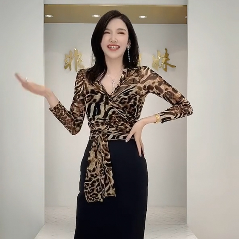 Brand Discount Store Clearance: Pure and Alluring, Lightweight, Slightly Sheer, Tie-Waist, V-Neck, Leopard Print, Mesh Sunscreen Shirt for Women