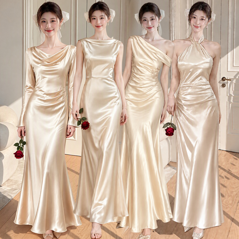 Champagne-Colored Bridesmaid Dresses 2026 New French-Style Satin Light Luxury Niche Wedding Sister Group Evening Dress Engagement Dress