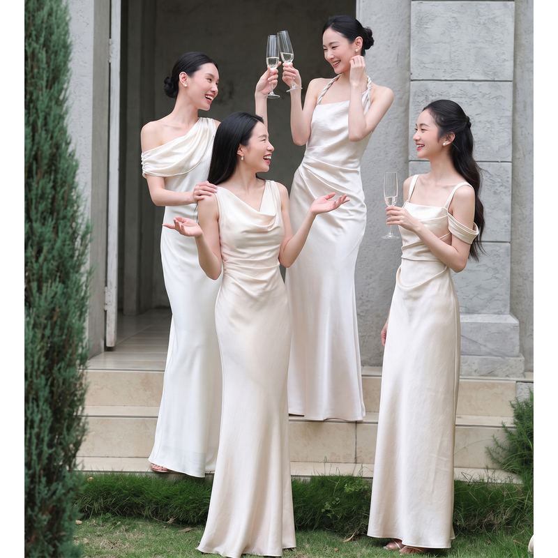 Champagne-Colored Satin Bridesmaid Dress for Women 2026 New Style, Stunning, Light Luxury, Niche Wedding Sister Group Dress, Suitable for Everyday Wear Champagne-Colored Satin Bridesmaid Dress for Women 2026 New Style, Stunning, Light Luxury, Niche Wedding Sister Group Dress, Suitable for Everyday Wear