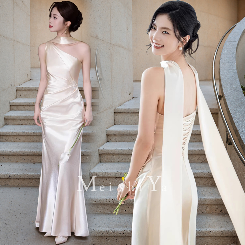 French-Style High-End Satin Off-Shoulder Gown for Women, Engagement Mermaid Dress in Light Gold, Bridal Wedding Toast Dress, Morning Jog Dress