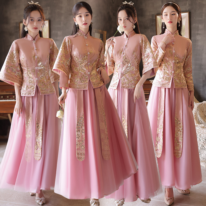 Chinese-Style Bridesmaid Dresses 2026 Spring New High-End Wedding Sister Group Bridesmaid Dress Women's Long-Sleeved Xiuhe Cheongsam