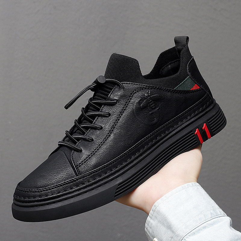 Spring socks mouth shoes soft leather men's shoes Korean version of the trend black skateboard shoes youth heightening sports shoes