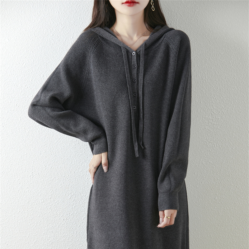 Knitted Dress, New Autumn and Winter Style, Super Nice-Looking Hooded Mid-Length Sweater Dress, Thickened, Warm, Loose Long Sweater