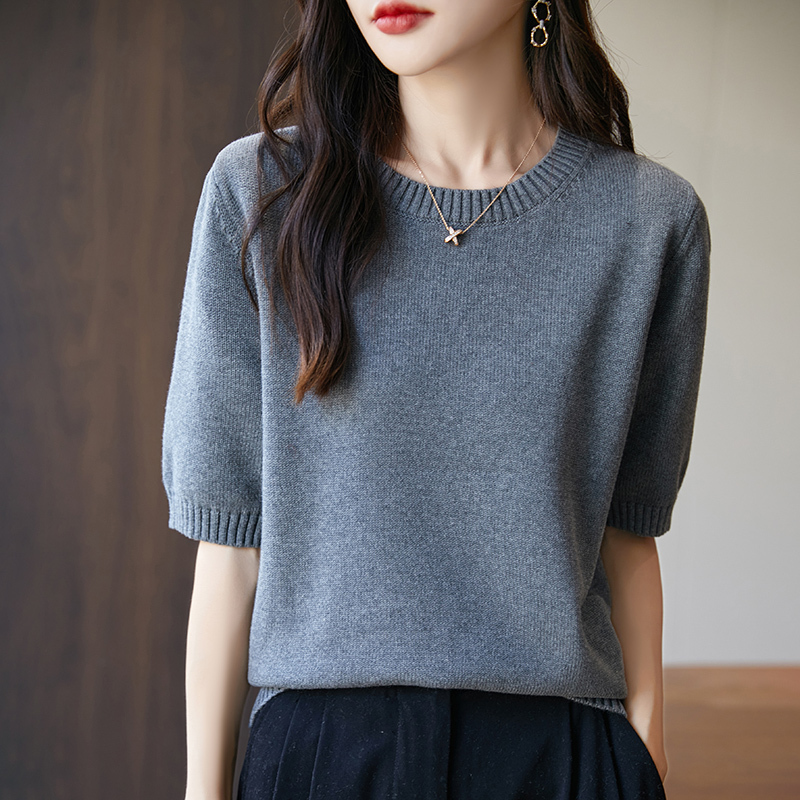 100% Pure Cotton Half-Sleeve Knit Top for Women 2026 New Thickened Loose Pullover Short-Sleeve Base Shirt All-Cotton Mid-Sleeve Sweater