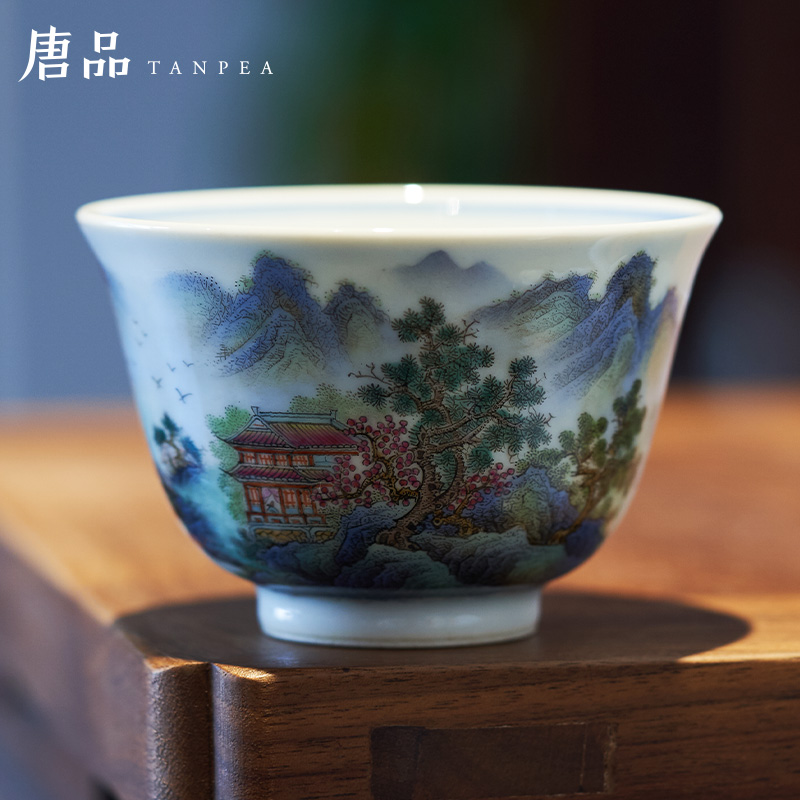 Kung fu tea cups pastel blue and white painting of flowers and green landscape master cup inside the sample tea cup jingdezhen ceramic cups single CPU