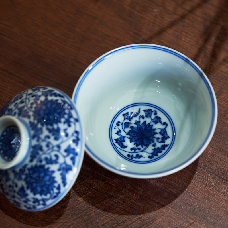 Maintain the blue tie up all hand making tea bowl lotus flower tureen jingdezhen ceramics kung fu tea set large antique cups