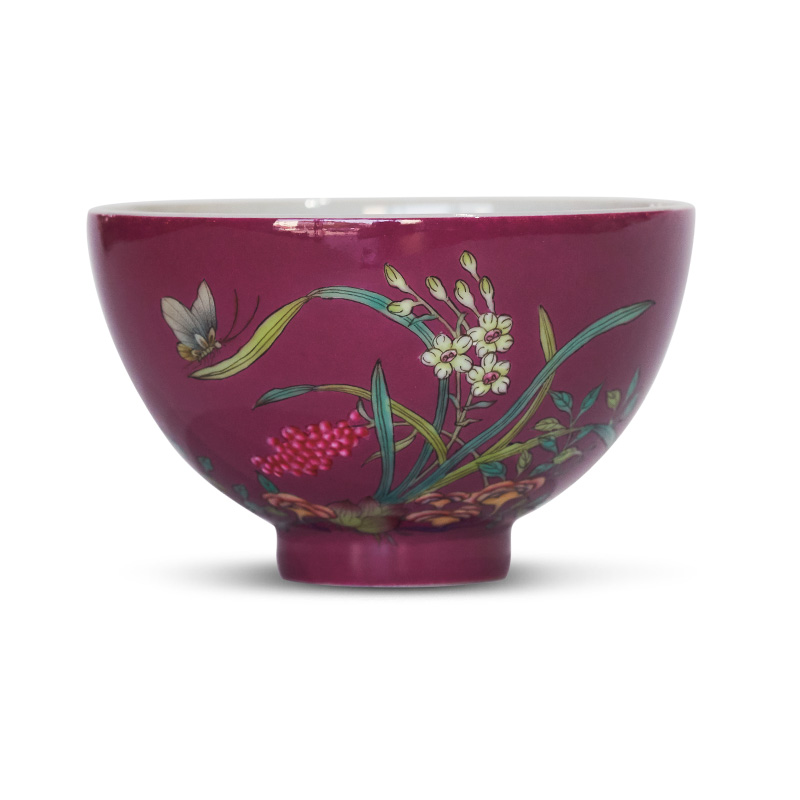 Colored enamel carmine flowers personal Lord kung fu tea cup of jingdezhen ceramic cups butterfly orchid single CPU