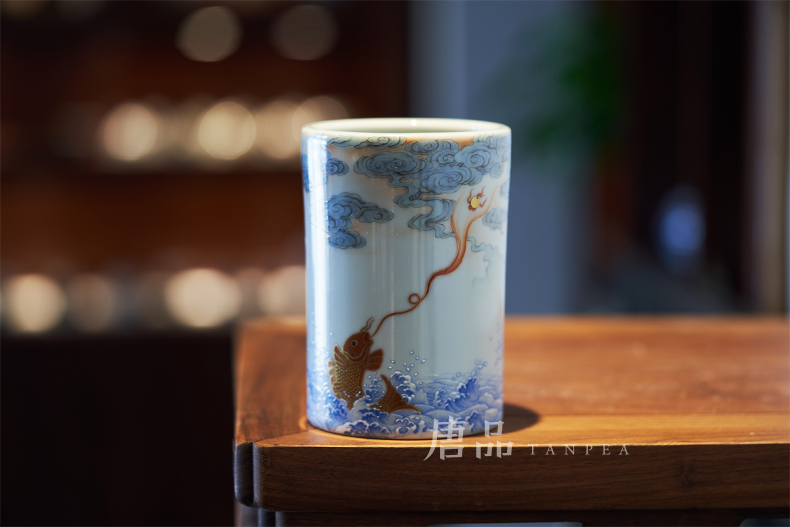 Powder enamel enamel auspicious more pen container full manual seawater goldfish little brush pot document room paint antique porcelain furnishing articles