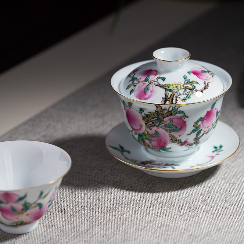 Tang Pin enamel pastel peach is only three tureen manually make tea bowl of jingdezhen ceramic large - sized kung fu tea cups