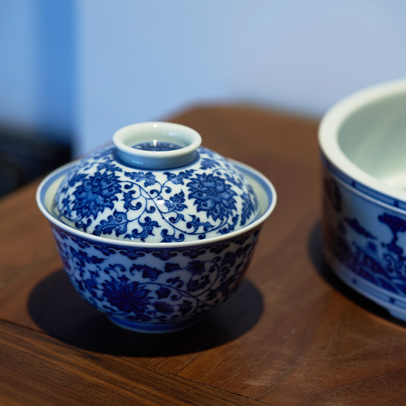 Maintain the blue tie up all hand making tea bowl lotus flower tureen jingdezhen ceramics kung fu tea set large antique cups