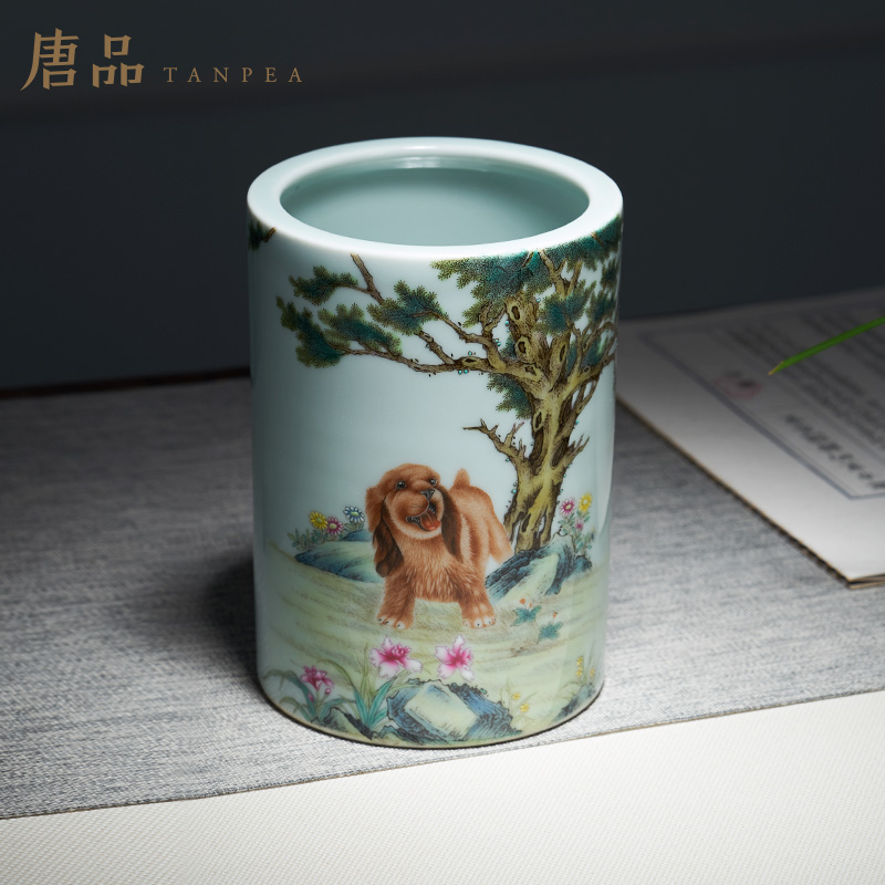Jingdezhen ceramic famille rose colored enamel brush pot dog "four furnishing articles antique collection acura literati, pine