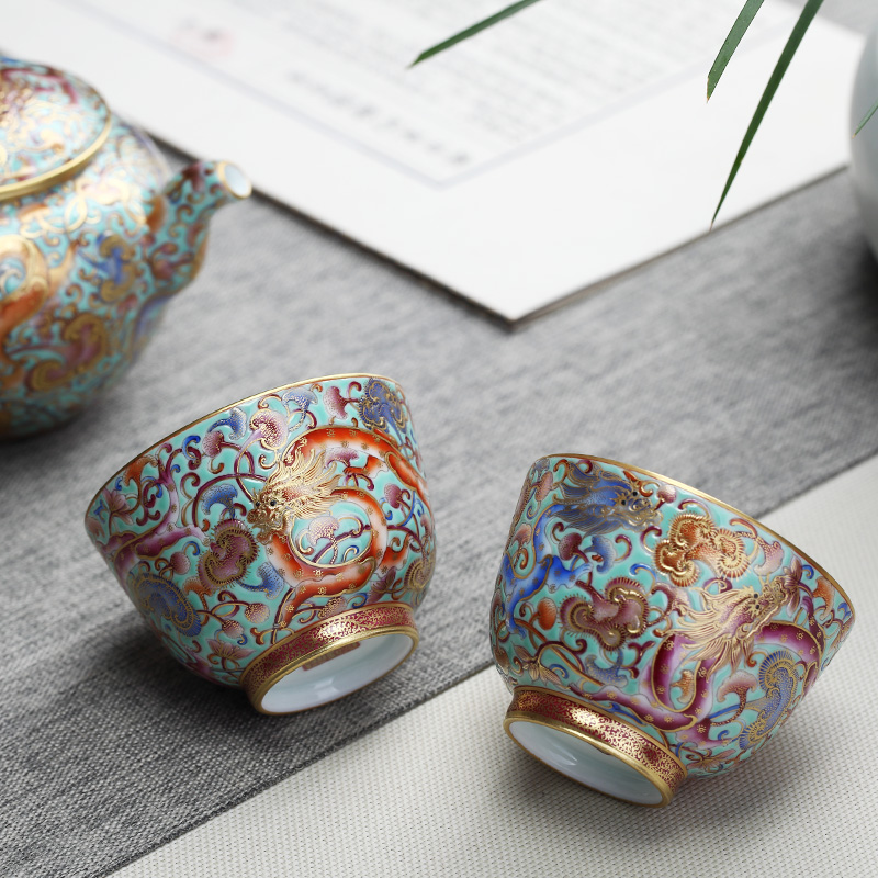 Colored enamel suit dragon ganoderma lucidum grain see colour master individual cup cup teapot jingdezhen kung fu tea gifts