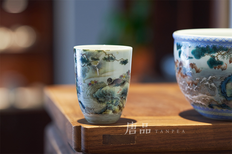 Kung fu tea powder enamel all hand - made scenery duck fragrance - smelling cup of jingdezhen ceramic cup personal Lord archaize porcelain collection