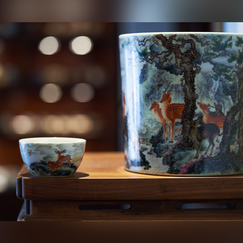 Kung fu tea set all hand pastel ferro, auspicious sika deer landscape master individual cup of archaize of jingdezhen porcelain cups