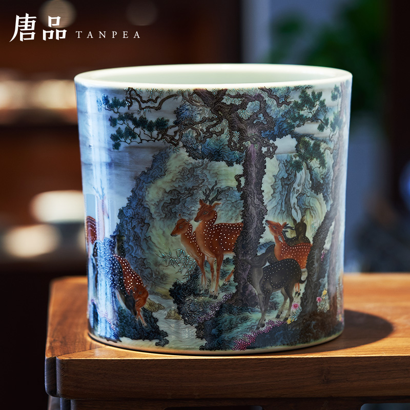 Pastel lulu smoothly brush pot hand made sika deer painting the receive cylinder jingdezhen ceramic tube of archaize scroll furnishing articles