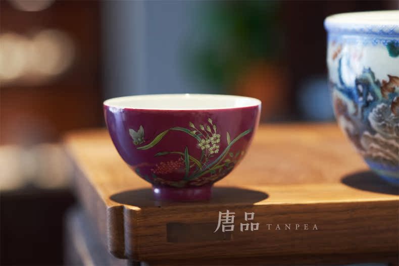 Colored enamel carmine flowers personal Lord kung fu tea cup of jingdezhen ceramic cups butterfly orchid single CPU