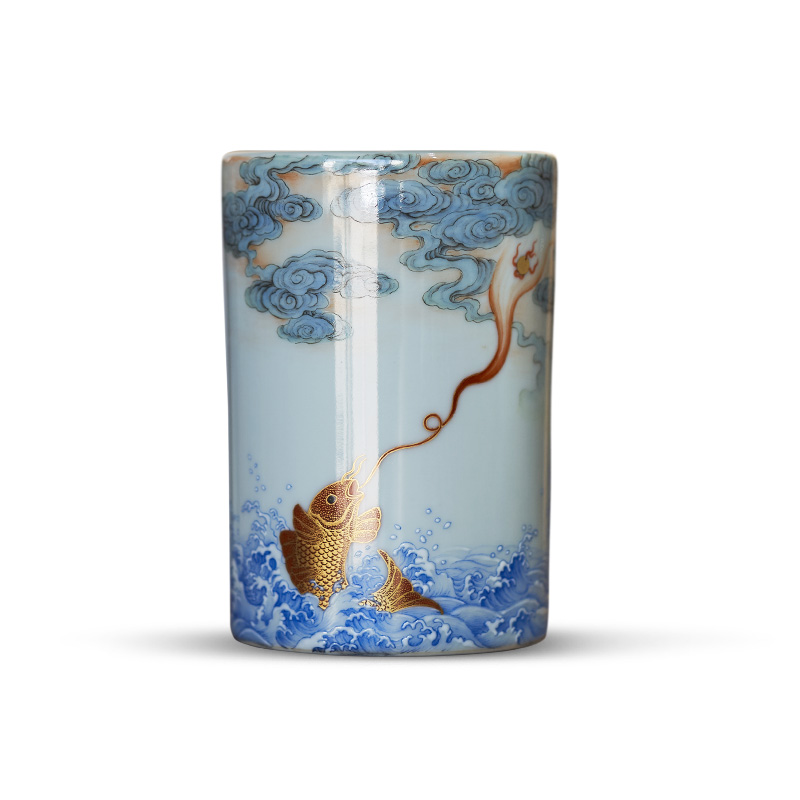 Powder enamel enamel auspicious more pen container full manual seawater goldfish little brush pot document room paint antique porcelain furnishing articles