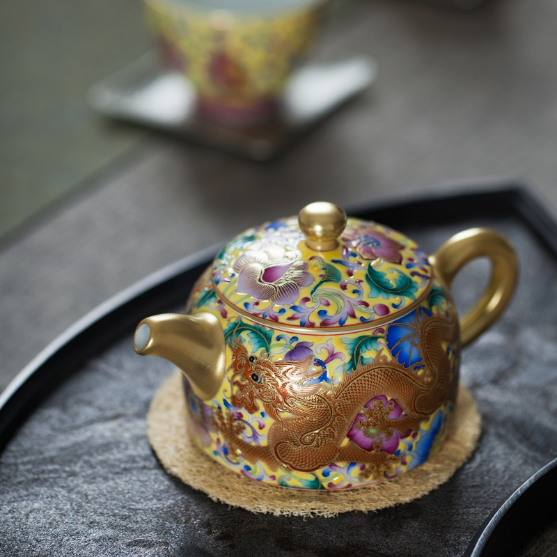 Tang Pin Qin Quan, enamel pot of jingdezhen archaize paint longfeng checking ceramic teapot kungfu single pot flowers