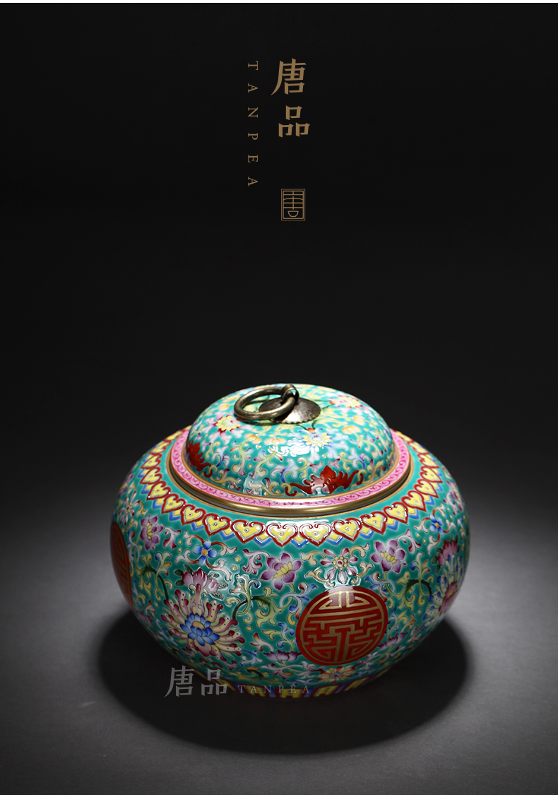 Enamel CaiTuan life bound lotus flower grain jingdezhen ceramic home furnishing articles hand - made tea caddy fixings green storage tanks