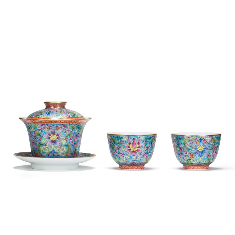 Put the lotus flower grain heavy ground jingdezhen porcelain enamel paint flowers only three tureen antique porcelain cup
