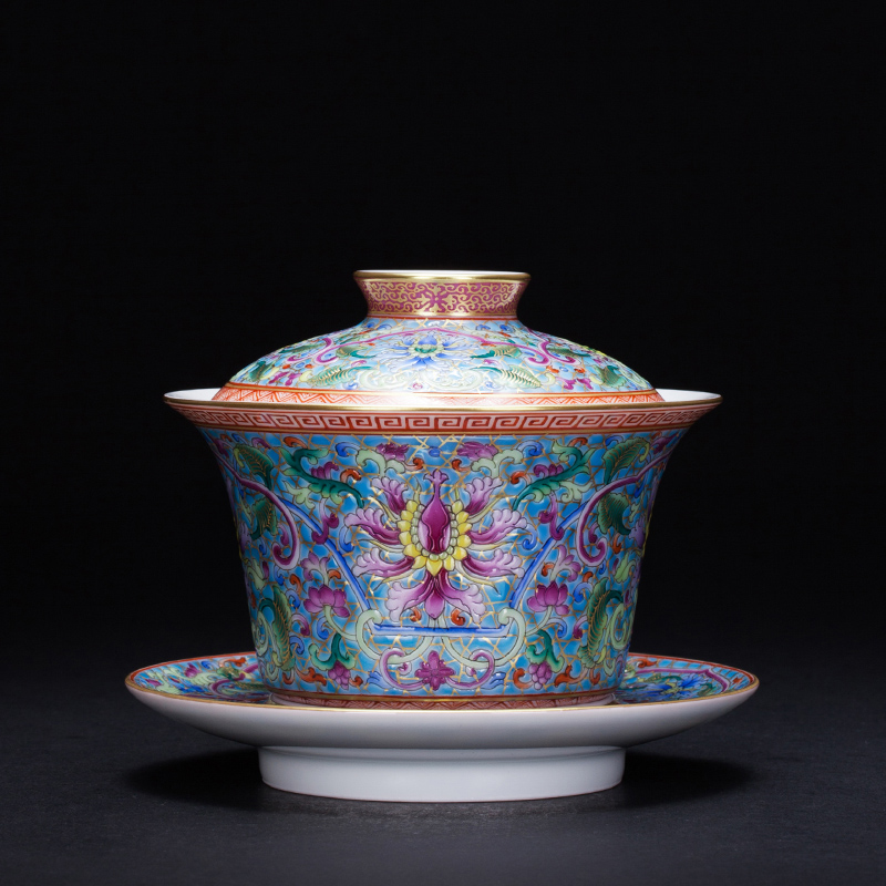Put the lotus flower grain heavy ground jingdezhen porcelain enamel paint flowers only three tureen antique porcelain cup