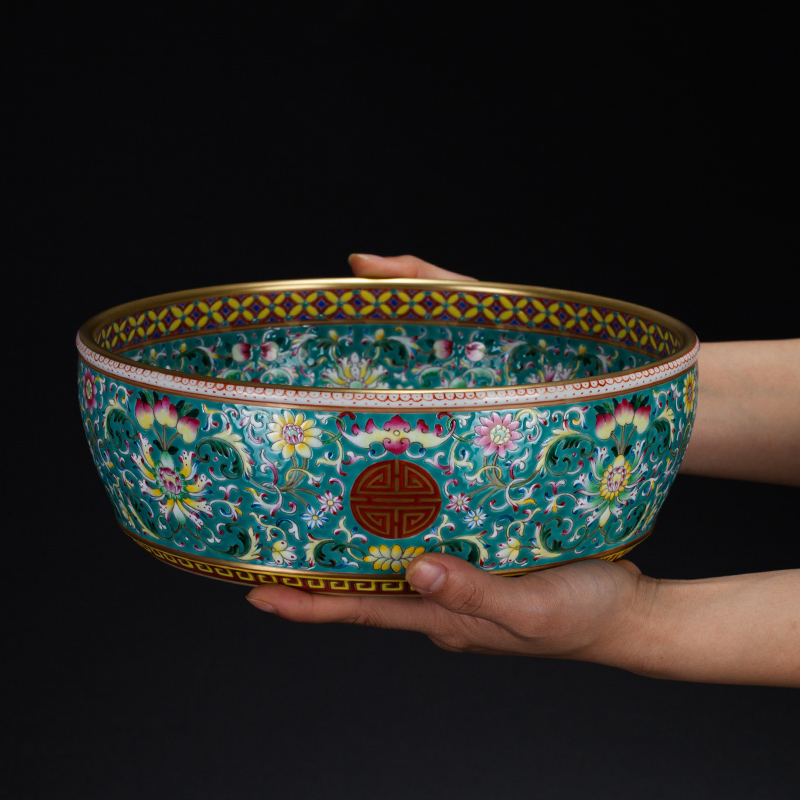 Colored enamel oversized jingdezhen tea wash hand group long - lived bound branch lotus archaize ceramic water kung fu jar water furnishing articles