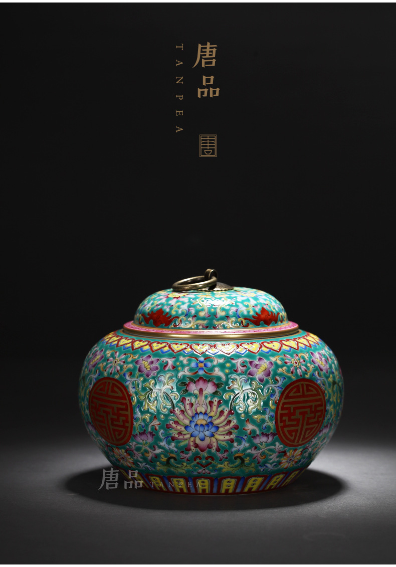 Enamel CaiTuan life bound lotus flower grain jingdezhen ceramic home furnishing articles hand - made tea caddy fixings green storage tanks