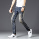 Spring and Autumn Retro Spliced ​​Motorcycle Jeans Men's Trendy Brand Personalized Zipper Slim Straight Long Pants Stretch European and American Style