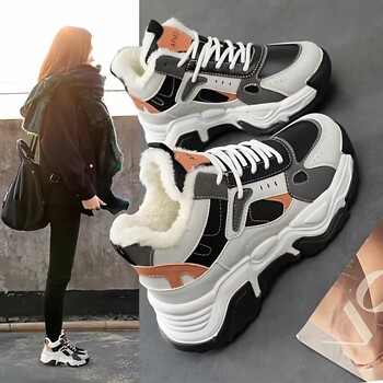 2025 New Winter ins Hot-Selling Versatile Fleece-Lined Dad Shoes High-Top Cotton Shoes Warm Women's Shoes Casual Sneakers