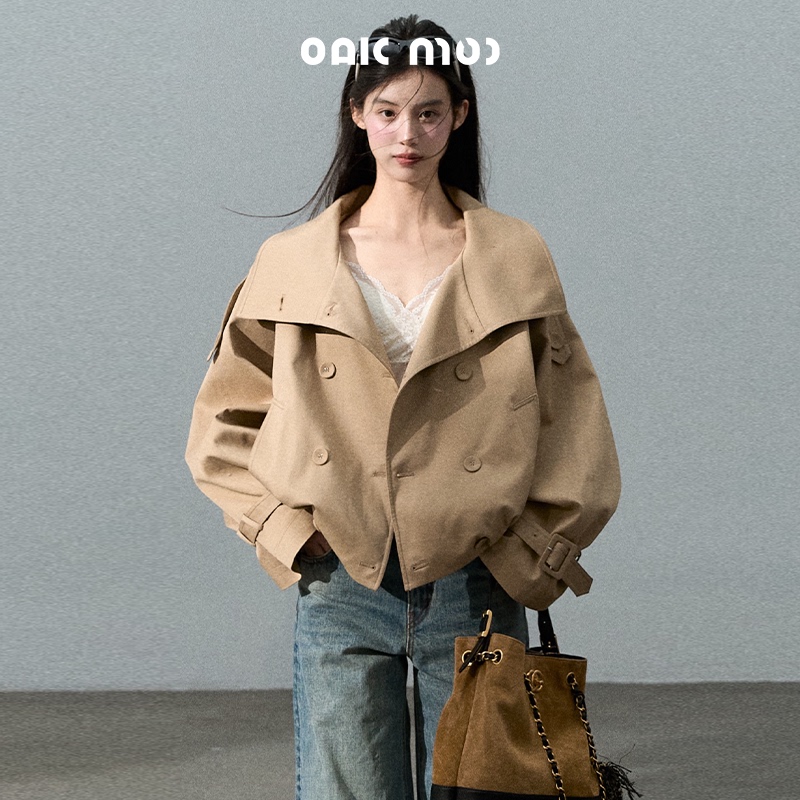 Oakmoo/ "Through the Oak Forest" Lyocell Cotton Stand Collar Windbreaker Jacket Double-Breasted Short Coat Top for Women