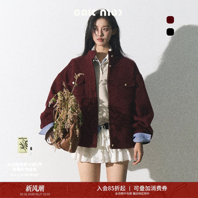 Oakmoo/ "Hua Mei Feeling" Ancora Red Wool Woolen Short Coat Women's Autumn and Winter Harrington Jacket Top