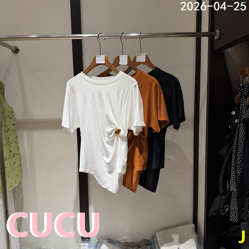 European Station 2026 Summer New Style Waist Amber Button Pleated Slimming Tencel Cotton Casual Short Sleeve T-Shirt 3001