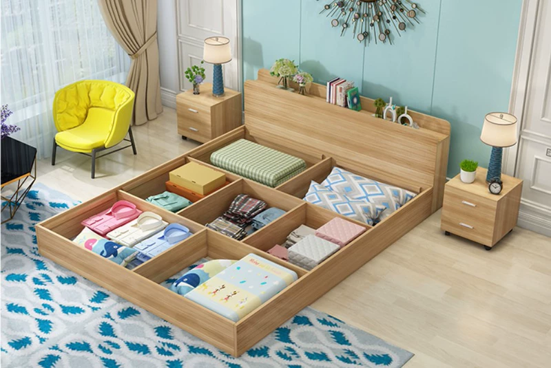 Giường đôi tối giản hiện đại 1,8 m 1,5 m 1,2 m kinh tế lưu trữ giường cao lưu trữ - Giường