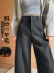 Gray Wool Suit Wide-Leg Pants for Women, Autumn and Winter, Fleece-Lined, Thickened, Slim-Fit, Twill Straight-Leg, Soft Woolen Knife-Cut Pants
