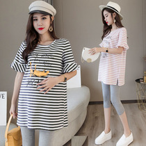 Net red pregnant women summer suit foreign style fashion stripe print shirt short sleeve t-shirt two-piece spring and autumn
