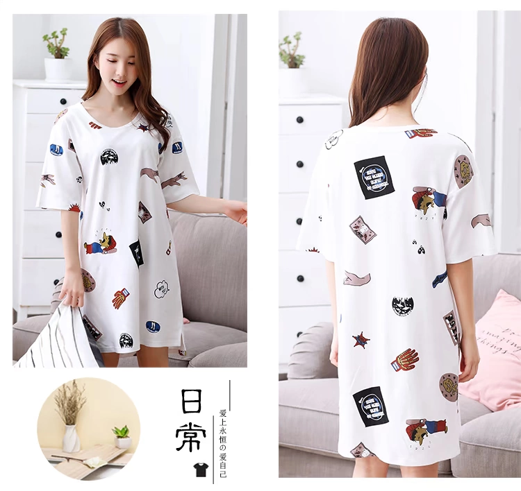 Cặp đôi pyjama mùa hè ngắn tay cotton phong cách Hàn Quốc váy ngủ rộng rãi nữ mùa hè dễ thương cotton nam phục vụ tại nhà - Cặp đôi