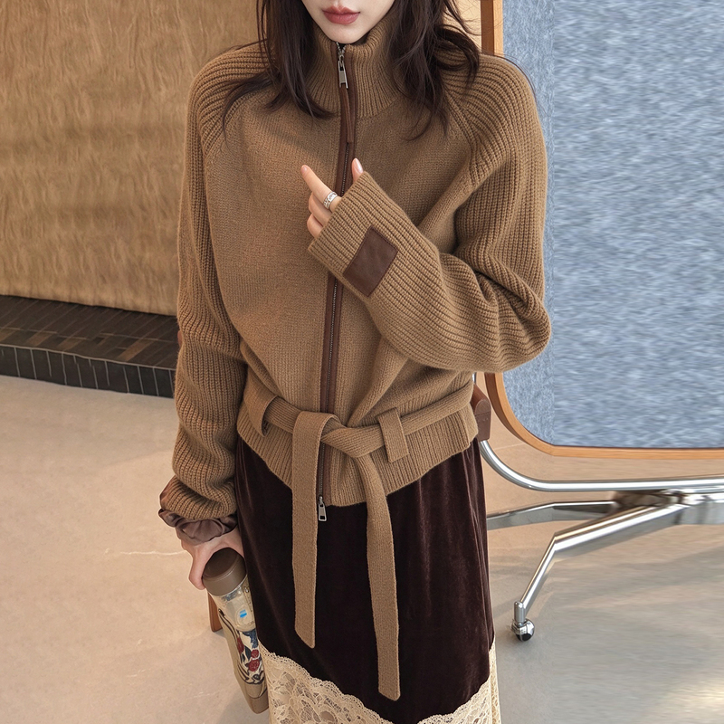 Autumn and Winter Thickened 100% Pure Wool Sweater High-Neck Double Zipper Knitted Cardigan Women's Long-Sleeve Coat Sweater Top with Belt