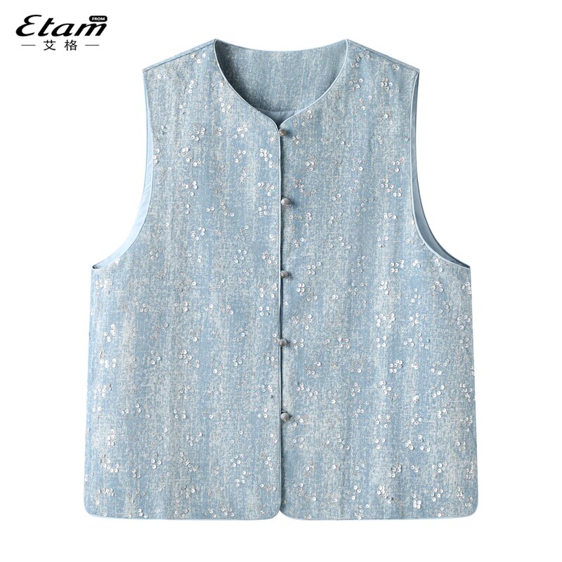 Aige 2025 Autumn New Denim Blue Sequin New Chinese Style Vest Women's Single-Breasted Sleeveless Slimming Waistcoat
