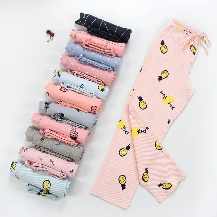 Bộ đồ ngủ bằng cotton tinh khiết của phụ nữ mùa xuân và mùa thu thường xuyên ngọt ngào và dễ thương cotton dệt kim giản dị cộng với quần dài ở nhà - Quần tây