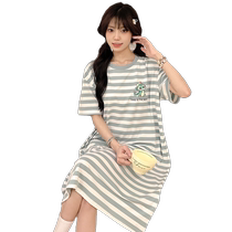 Sleepwear women Summer striped short sleeves thin Pure Cotton Sleeping Dress With Chest Cushion Summer Long large size Exterior Wear Home Clothing