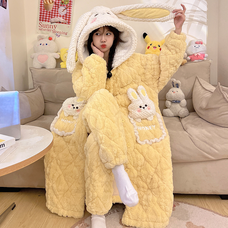 Rabbit Sleeping Robes Winter Sky Three Layers Clip Cotton Padded Jacket Women's Coral Suede Thickened Garnter Cute Family Residence Suit-Taobao