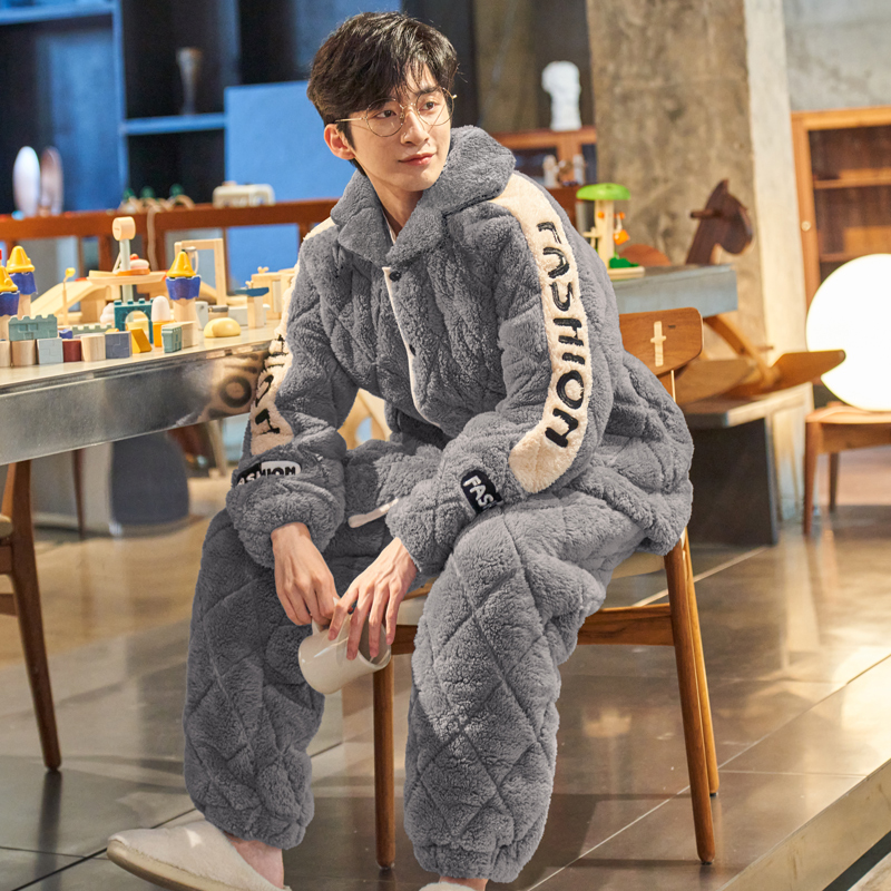 Autumn/Winter Men's Pajamas Coral Fleece Winter Thickened Plus Fleece Warm Flannel Three-Layer Cotton Housewear Set