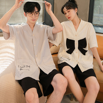 Couple sleepwear women Summer short sleeve knitted cotton Korean version turned collar Youth small fragrant wind sweet and simple Home Home Suit Suit