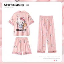 2022 new ice silk three-piece suit pajamas women summer cartoon cute summer thin section can be worn outside the home clothes