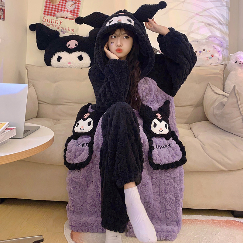Coral Suede Sleeping Robes Long-Thickened Gushed Coulomie Sleepwear Woman Winter Sky Flannel Cute Home Suit Suit-Taobao